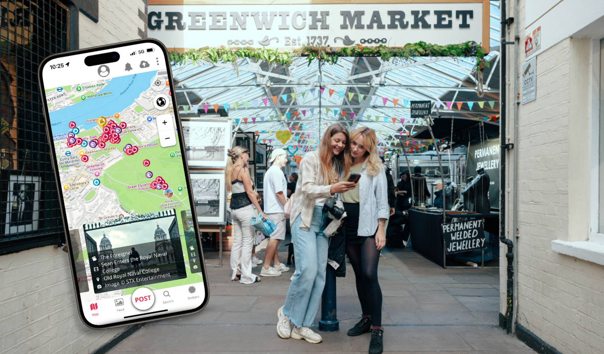 SetJetters app shown on top of an image of two women at Greenwich Market